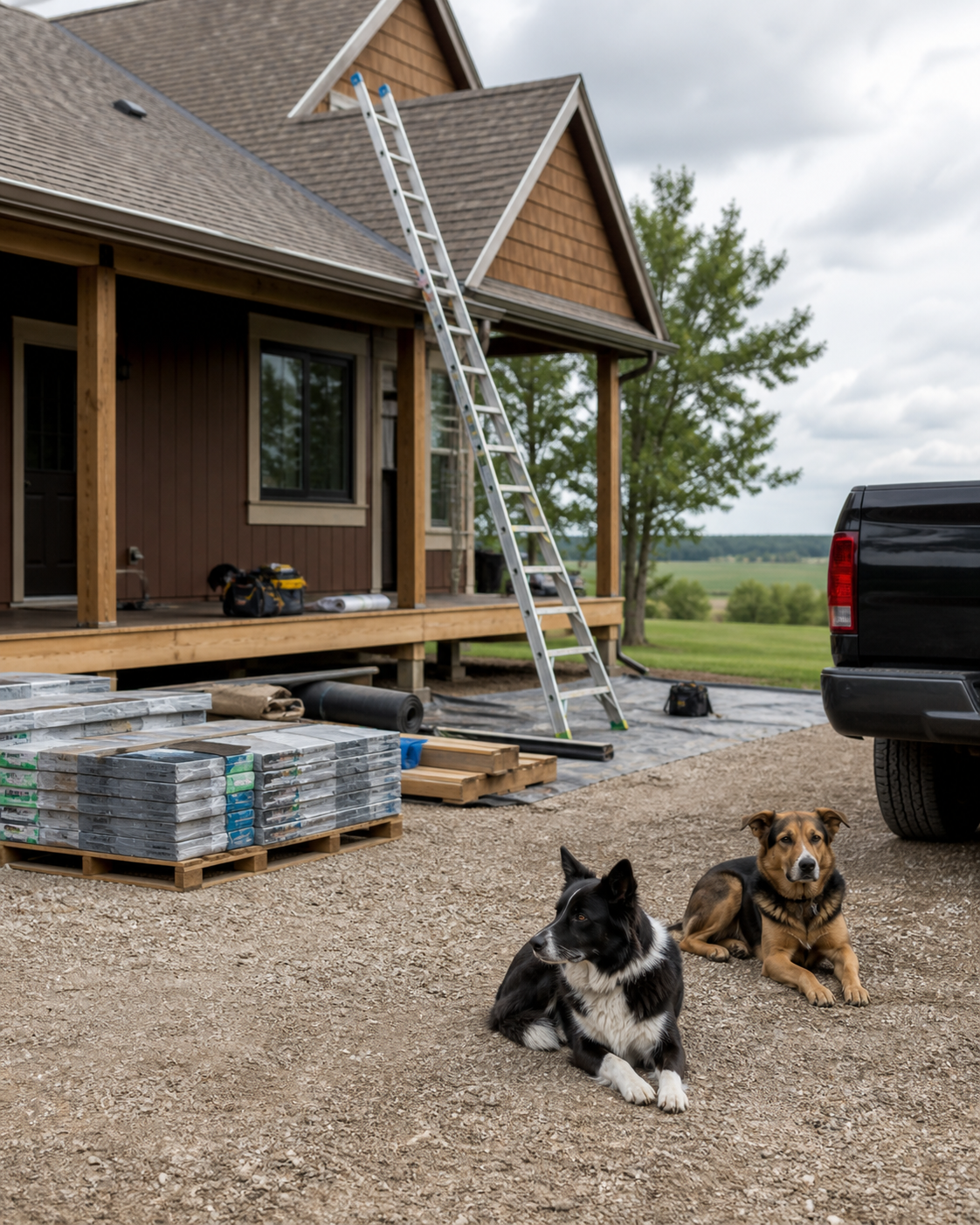 Two dogs resting beside organized materials and tools at a tidy Alberta exterior jobsite