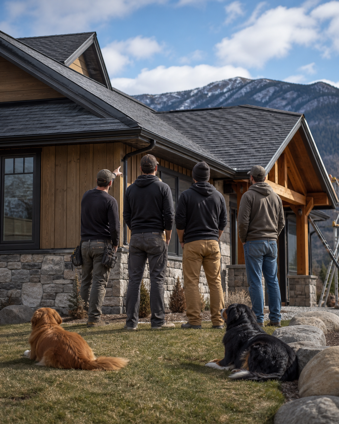 Small exterior construction crew and two dogs viewed from behind at an Alberta home