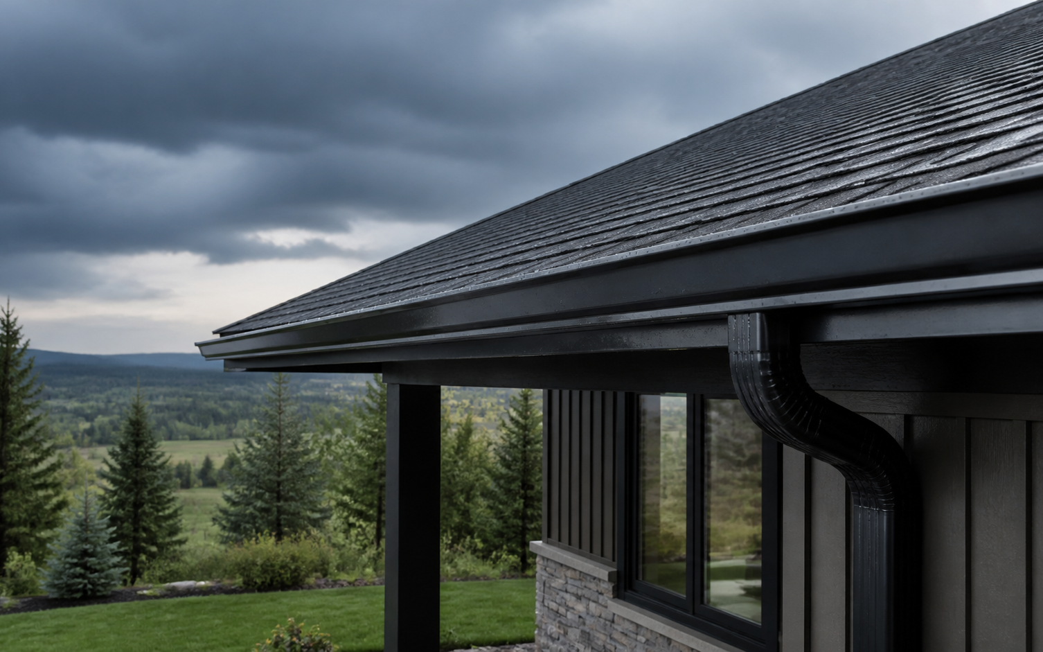 Finished charcoal seamless gutter beneath a shingle roof