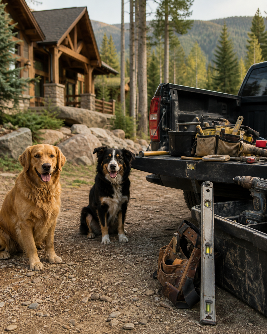 Two dogs resting safely beside organized exterior construction tools at an Alberta jobsite