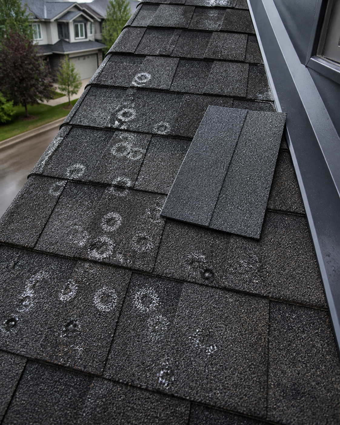 Hail-damaged shingles being reviewed on a Calgary home