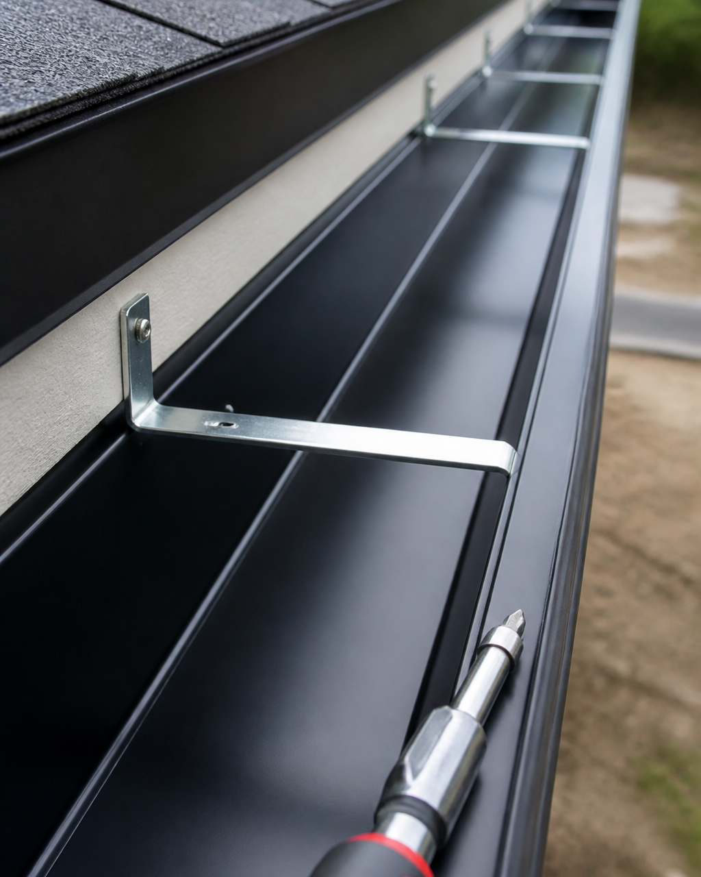 Contractor fitting a seamless gutter section to a rural home