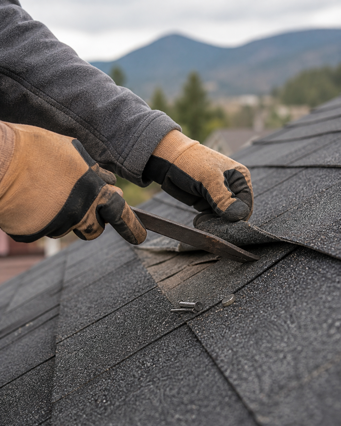 Roof repair tools and replacement shingles on a sloped home roof