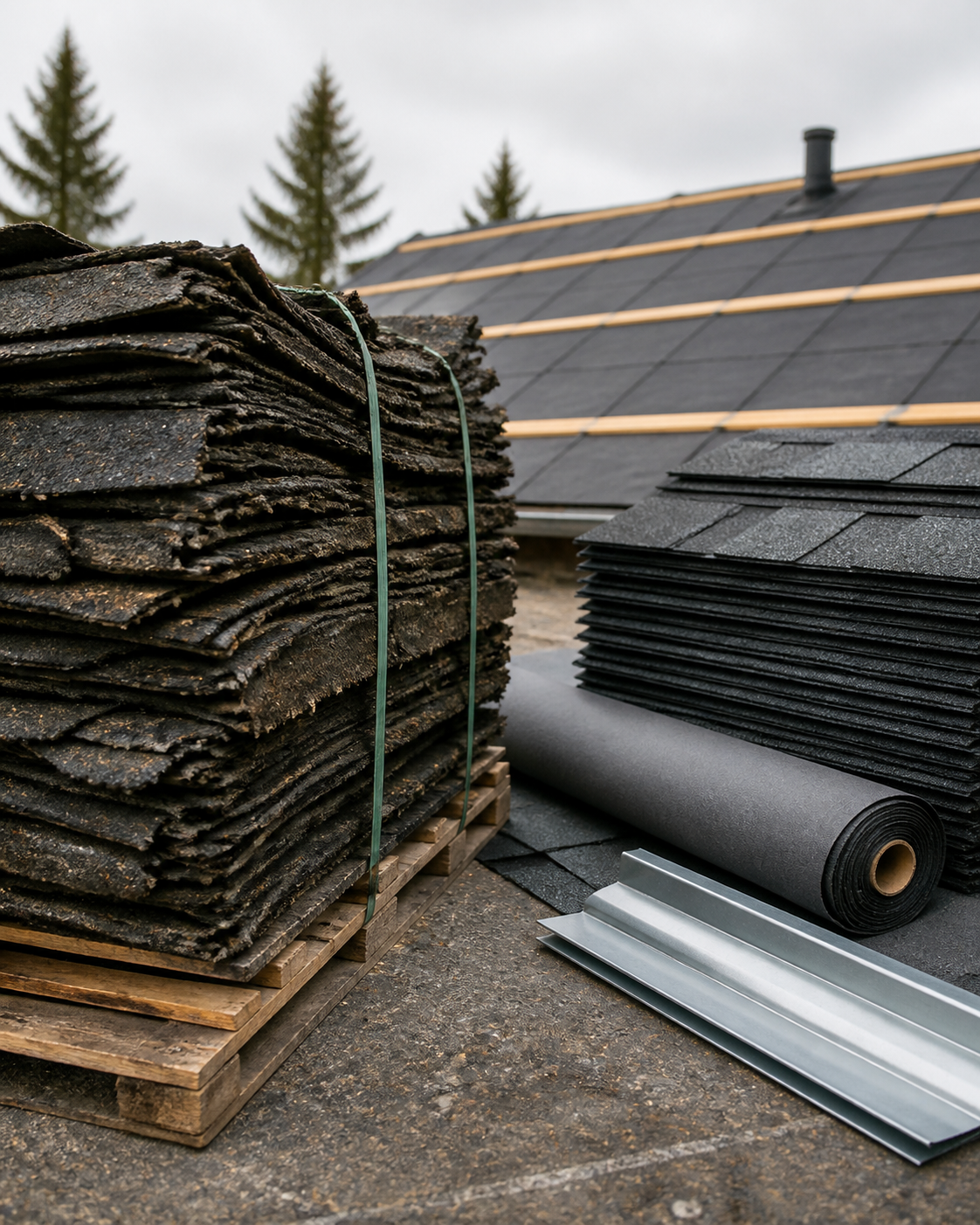 Roofing crew replacing shingles on a steep rural Alberta roof