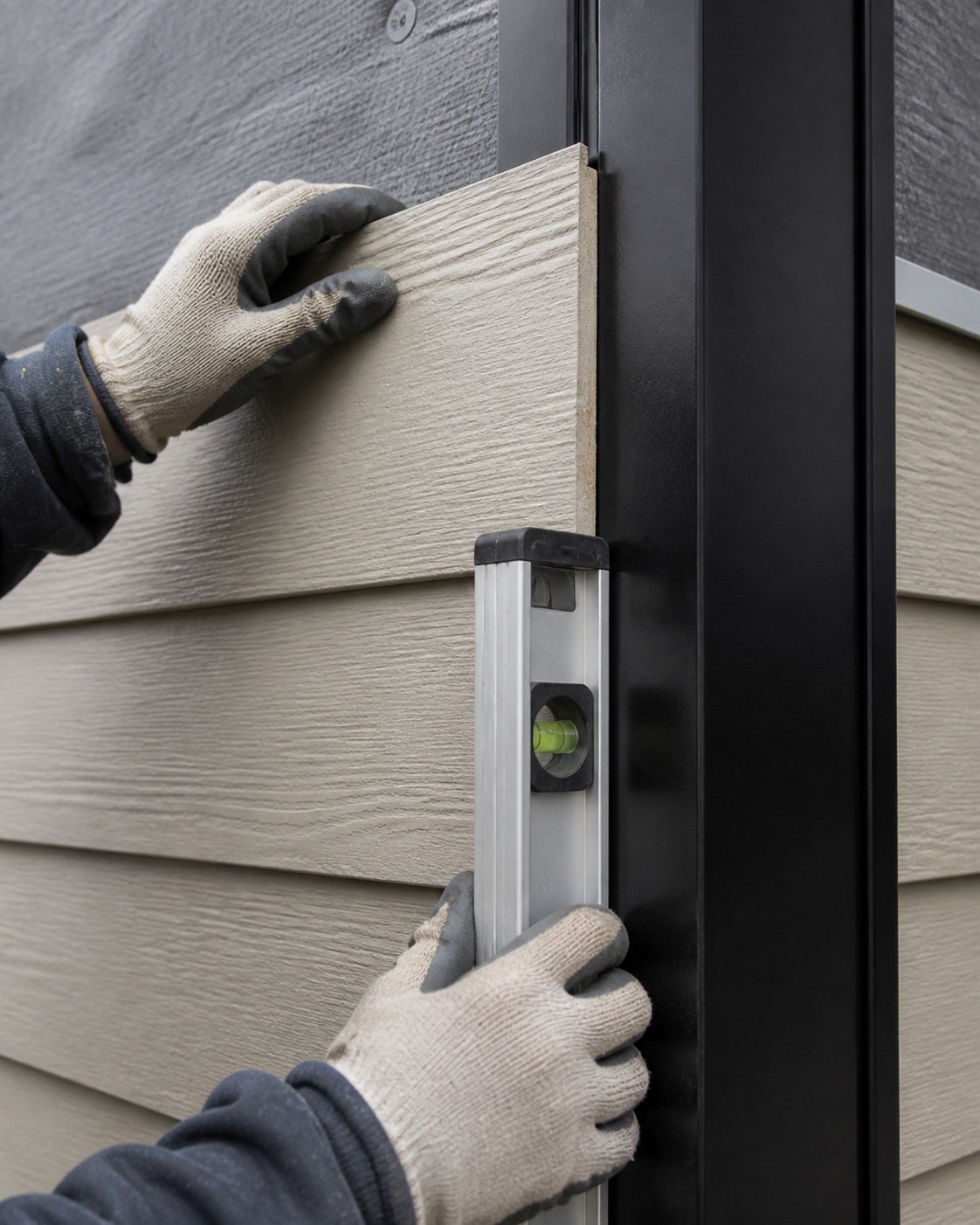 Exterior crew installing siding panels around a residential window