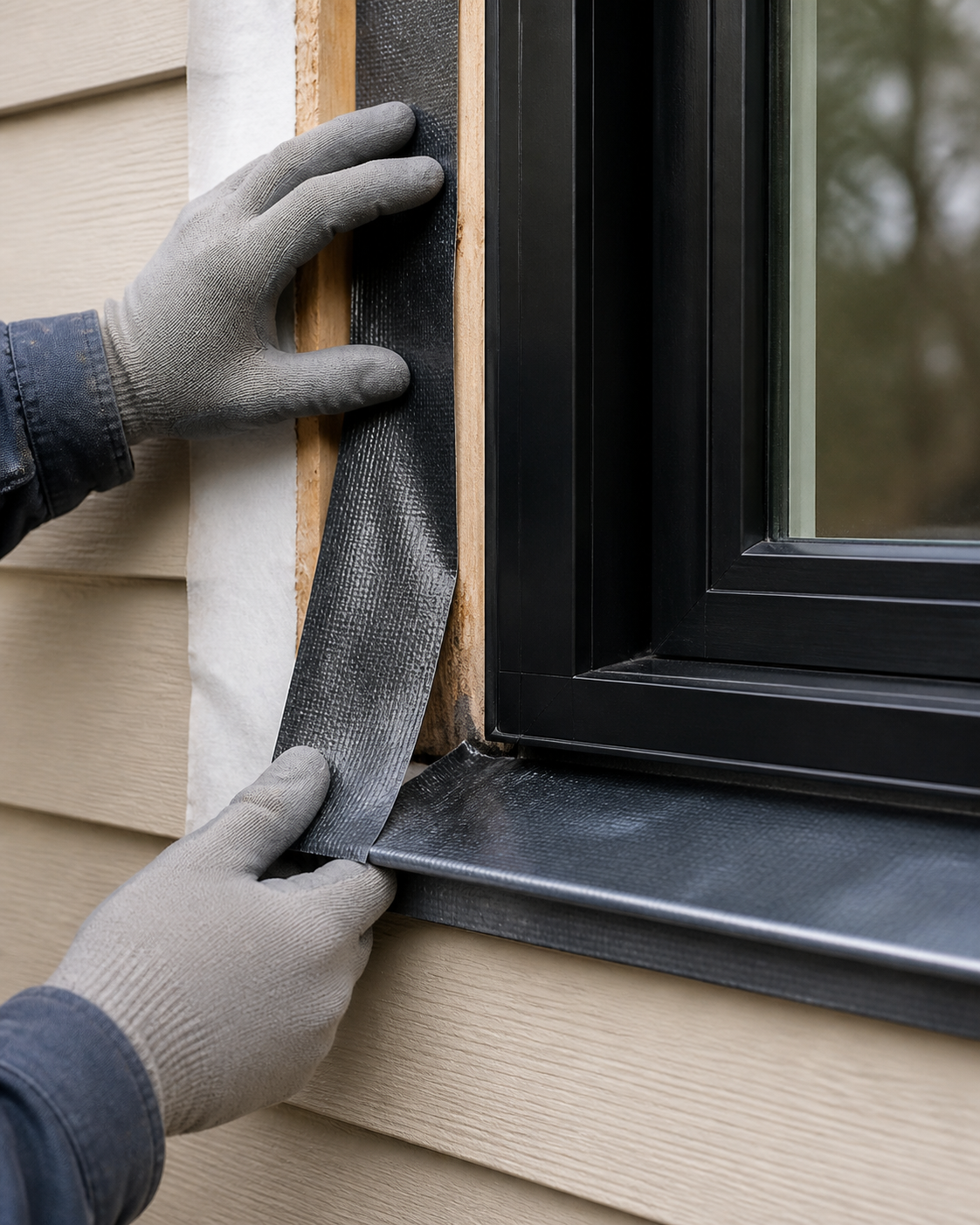 Contractor fitting a replacement window into a prepared home opening