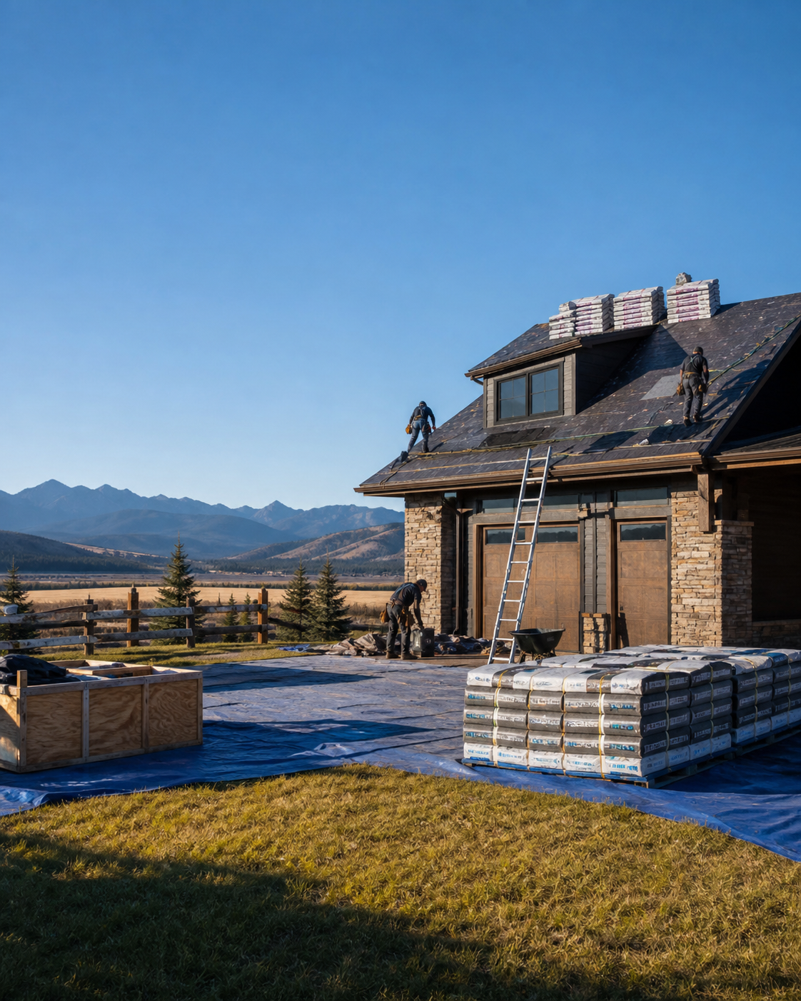 Small roofing crew viewed from behind reviewing an Alberta home exterior