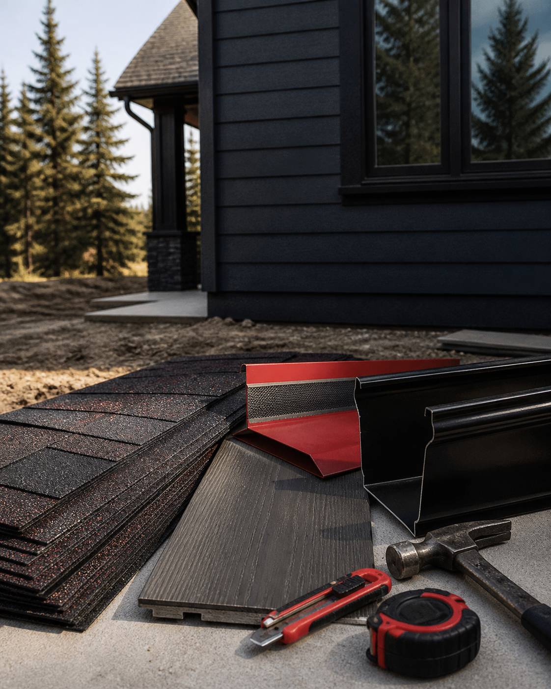 Roofing, siding, gutter, and window material samples at an Alberta jobsite